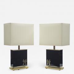 Jean Claude Mahey Pair of large Mid century J C Mahey black lacquer and brass table lamps 1970s - 997451