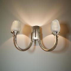 Jean Despres Pair of Signed Jean Despr s Sconces Silver Plate with Gilt Chainlink Detail - 4217247