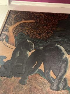 Jean Dunand FANTASTICAL ART DECO BLACK PANTHERS STAR GAZING ON BEACH PAINTING JEAN DUNAND - 4245003