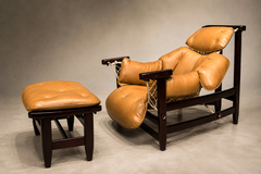 Jean Gillon Jangada Lounge Chair with Ottoman in Brazilian Wood Leather by Jean Gillon - 4692683