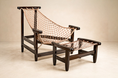 Jean Gillon Jangada Lounge Chair with Ottoman in Brazilian Wood Leather by Jean Gillon - 4692691