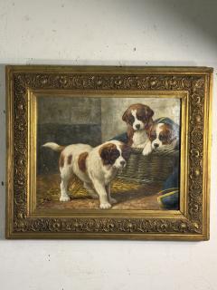 Jean Louis Lefort SIGNED VIBRANT ANTIQUE TRIO OF SAINT BERNARD PUPPIES AND BASKET OIL PAINTING - 4274662