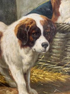 Jean Louis Lefort SIGNED VIBRANT ANTIQUE TRIO OF SAINT BERNARD PUPPIES AND BASKET OIL PAINTING - 4274713