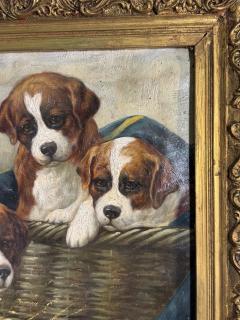 Jean Louis Lefort SIGNED VIBRANT ANTIQUE TRIO OF SAINT BERNARD PUPPIES AND BASKET OIL PAINTING - 4274714