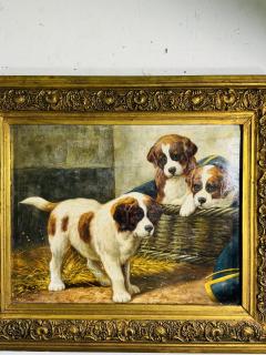 Jean Louis Lefort SIGNED VIBRANT ANTIQUE TRIO OF SAINT BERNARD PUPPIES AND BASKET OIL PAINTING - 4274722