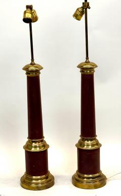 Jean Michel Frank Pair French Midcentury Modern Brass Red Enamel Table Lamps - 4523418