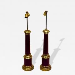 Jean Michel Frank Pair French Midcentury Modern Brass Red Enamel Table Lamps - 4523689