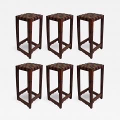 Jean Michel Frank Six French Mid Century Modern Craftsman Wood and Leather Strap Bar Stools 1940 - 3412251