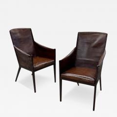 Jean Michel Frank Style Mid Century Modern Arm Chairs Distressed Leather - 3560490