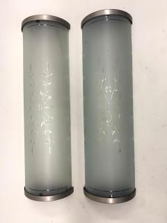 Jean Perzel Pair of Large French Art Deco Engraved Opaque Glass Wall Sconces Atelier Perzel - 4571303