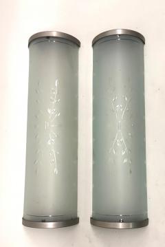 Jean Perzel Pair of Large French Art Deco Engraved Opaque Glass Wall Sconces Atelier Perzel - 4571304