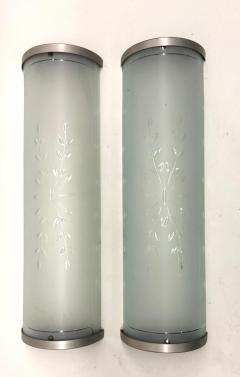 Jean Perzel Pair of Large French Art Deco Engraved Opaque Glass Wall Sconces Atelier Perzel - 4571305