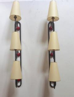 Jean Roy re Jean Roy re Documented Pair of Three Light Red and Black Sconces Model Boule  - 3342724