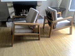 Jean Roy re Jean Royere Documented Pair of Oak Lounge Chairs Covered in Beige Mohair Velvet - 664482