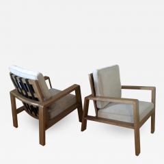 Jean Roy re Jean Royere Documented Pair of Oak Lounge Chairs Covered in Beige Mohair Velvet - 665106