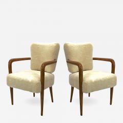 Jean Roy re Jean Royere pair of ash tree trefle arm chair covered in raw white faux fur - 929064