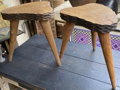 Jean Touret Jean Touret style brutalist pair of oak tripod stools carved a la gouge  - 1651301