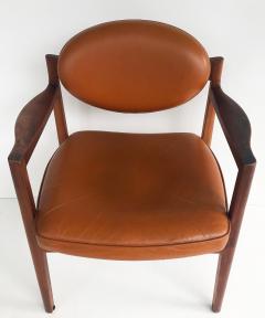 Jens Risom Jens Risom Design Pair of Oiled Walnut Leather Upholstered Armchairs c 1965 - 3500801