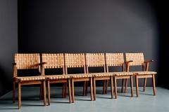 Jens Risom Rare Oak Jens Risom Set of six Webbed Knoll Chairs in Leather Webbing - 4637623