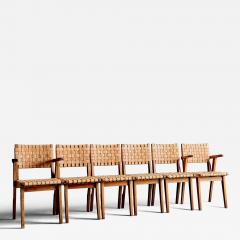 Jens Risom Rare Oak Jens Risom Set of six Webbed Knoll Chairs in Leather Webbing - 4639214
