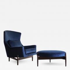 Jens Risom The Big Chair and Ottoman by Jens Risom in Navy Blue Velvet C 1950s - 4401786