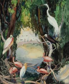 Jessie Arms Botke Birds at a waterhole Flamingos Swans Egrets - 982863