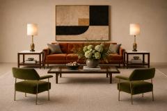 Joaquim Tenreiro Brazilian Modern Pair of Armchairs in Aged Brass Olive Green Mohair - 4594380