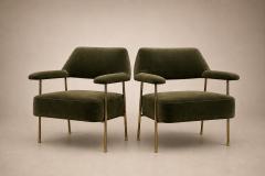 Joaquim Tenreiro Brazilian Modern Pair of Armchairs in Aged Brass Olive Green Mohair - 4594382