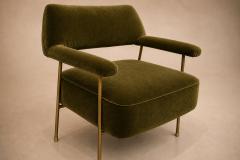 Joaquim Tenreiro Brazilian Modern Pair of Armchairs in Aged Brass Olive Green Mohair - 4594383