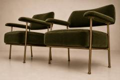 Joaquim Tenreiro Brazilian Modern Pair of Armchairs in Aged Brass Olive Green Mohair - 4594384