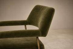Joaquim Tenreiro Brazilian Modern Pair of Armchairs in Aged Brass Olive Green Mohair - 4594385