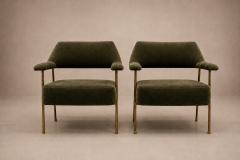 Joaquim Tenreiro Brazilian Modern Pair of Armchairs in Aged Brass Olive Green Mohair - 4594386