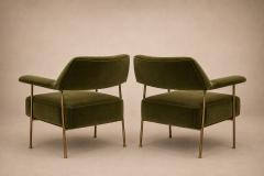 Joaquim Tenreiro Brazilian Modern Pair of Armchairs in Aged Brass Olive Green Mohair - 4594388