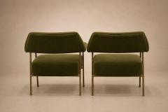 Joaquim Tenreiro Brazilian Modern Pair of Armchairs in Aged Brass Olive Green Mohair - 4594390