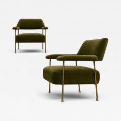 Joaquim Tenreiro Brazilian Modern Pair of Armchairs in Aged Brass Olive Green Mohair - 4595623