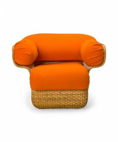 Joe Colombo Joe Colombo ItalianWicker and Bright Orange Upholstery Lounge Armchair - 2792076