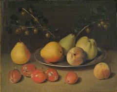 Johann Daniel Bager Still life of Pears Apples and Gooseberries on a Platter Resting on a Ledge - 281175