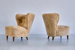 Johannes Brynte Pair of Johannes Brynte Lounge Chairs in Sheepskin and Ash Wood Sweden 1940s - 3325594