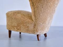 Johannes Brynte Pair of Johannes Brynte Lounge Chairs in Sheepskin and Ash Wood Sweden 1940s - 3325601