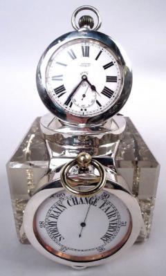 John Grinsell Antique English Edwardian Inkwell with Clock and Barometer 1908 - 4147892