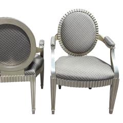 John Hutton Pair of John Hutton for Donghia Green Silk Silver Giltwood Grand Flute Chairs - 4306769