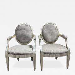 John Hutton Pair of John Hutton for Donghia Green Silk Silver Giltwood Grand Flute Chairs - 4307012