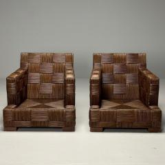 John Hutton Woven Cane Mahogany Oversized Lounge Chairs USA 1990s - 4419329