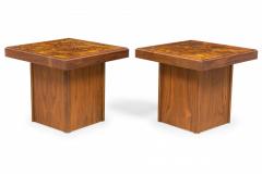 John Keal John Keal American Square Reverse Painted Glass And Walnut End Side Tables - 3170565
