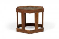 John Keal Pair Of John Keal Hexagonal Reverse Painted Glass And Oak Occasional End Tables - 3169778