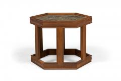 John Keal Pair Of John Keal Hexagonal Reverse Painted Glass And Oak Occasional End Tables - 3169779