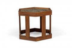 John Keal Pair Of John Keal Hexagonal Reverse Painted Glass And Oak Occasional End Tables - 3169780