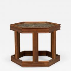 John Keal Pair Of John Keal Hexagonal Reverse Painted Glass And Oak Occasional End Tables - 3178123