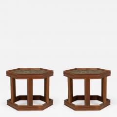 John Keal Pair Of John Keal Hexagonal Reverse Painted Glass And Oak Occasional End Tables - 3178152