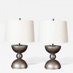 John McDevitt Small Pair of Sculptural Patinated Steel Geometric Form Lamps Pewter Finish - 272360